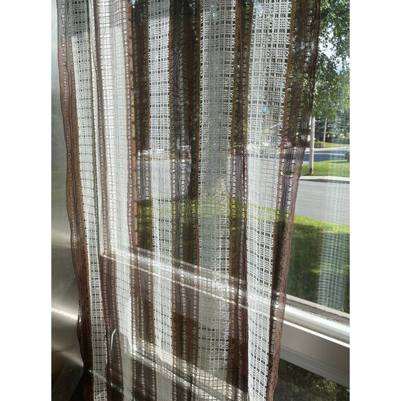 Vintage 70s mesh curtain, white, brown striped net woven, single panel - Picture 1 of 9